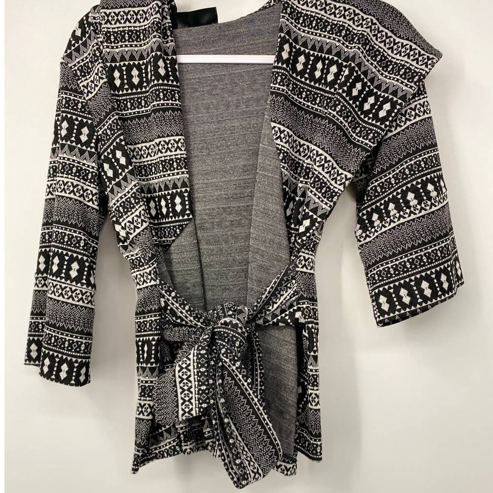 P Luca Milano Womens Black & White 3/4 Sleeve Belted Hooded Open Sweater Medium